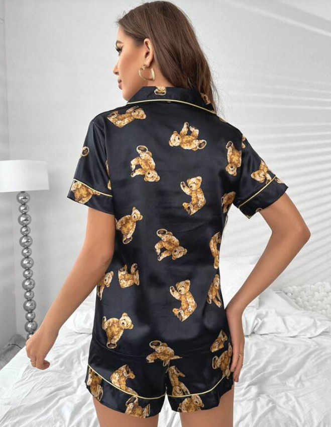 Navy Bear Print Satin Short Pyjamas
