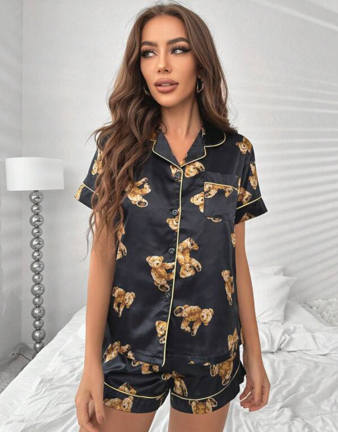 Navy Bear Print Satin Short Pyjamas
