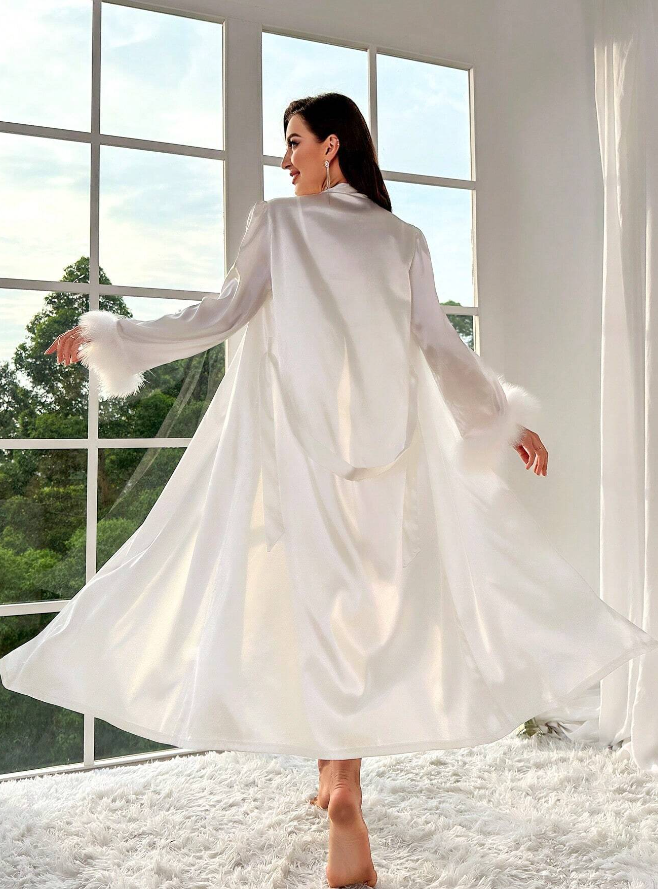 White Satin Feather Sleeve Night Dress & Gown Set