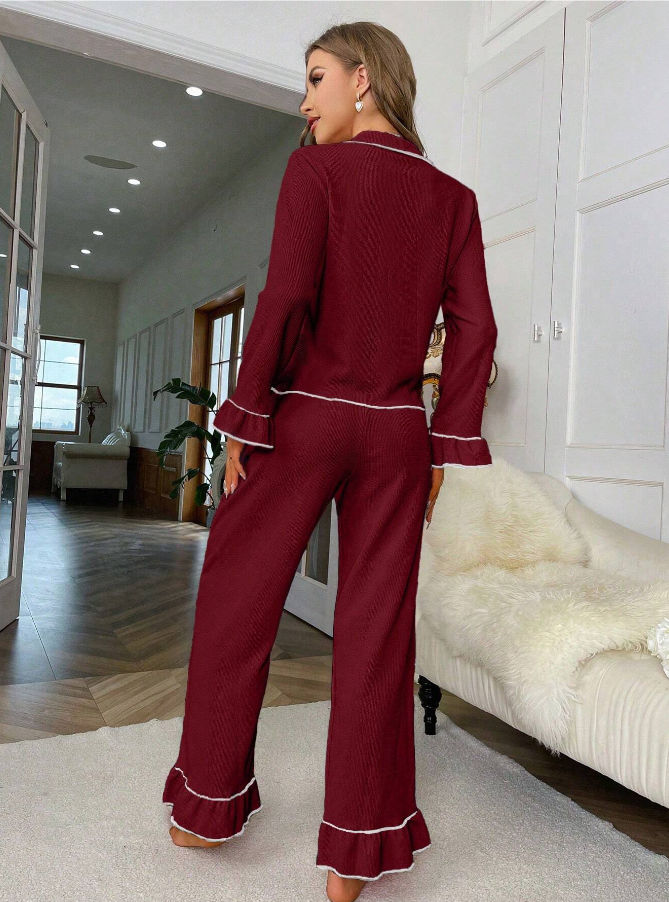 Burgundy Red Frill Detail Long Sleeve Pyjama Set