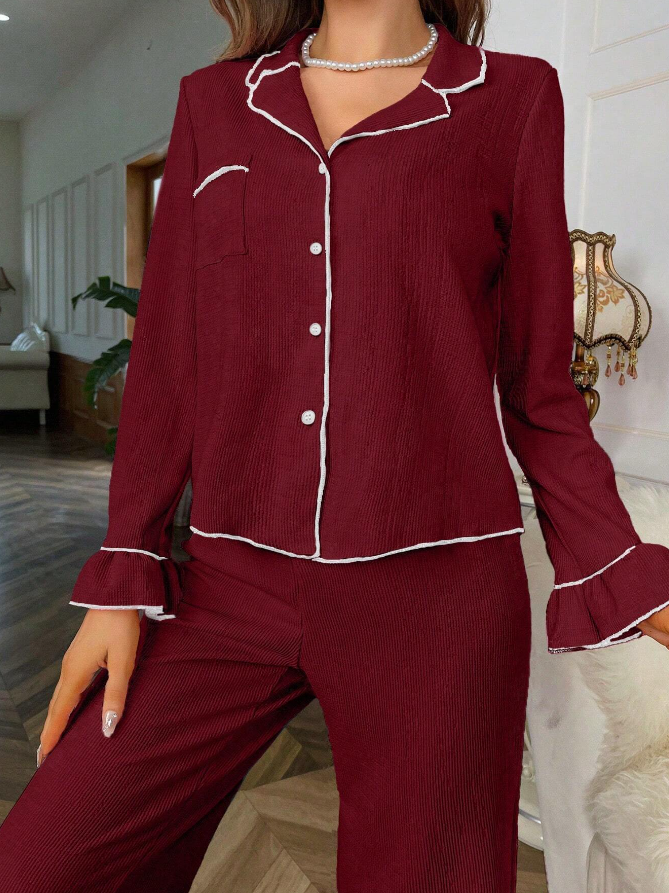 Burgundy Red Frill Detail Long Sleeve Pyjama Set