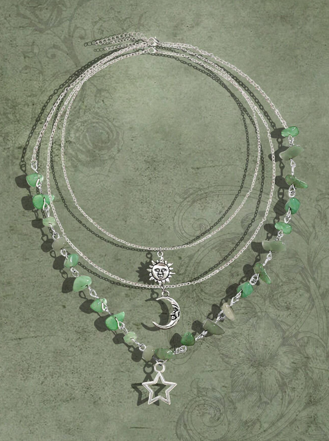 Green & Silver Sun, Moon & Star 3 Piece Necklace