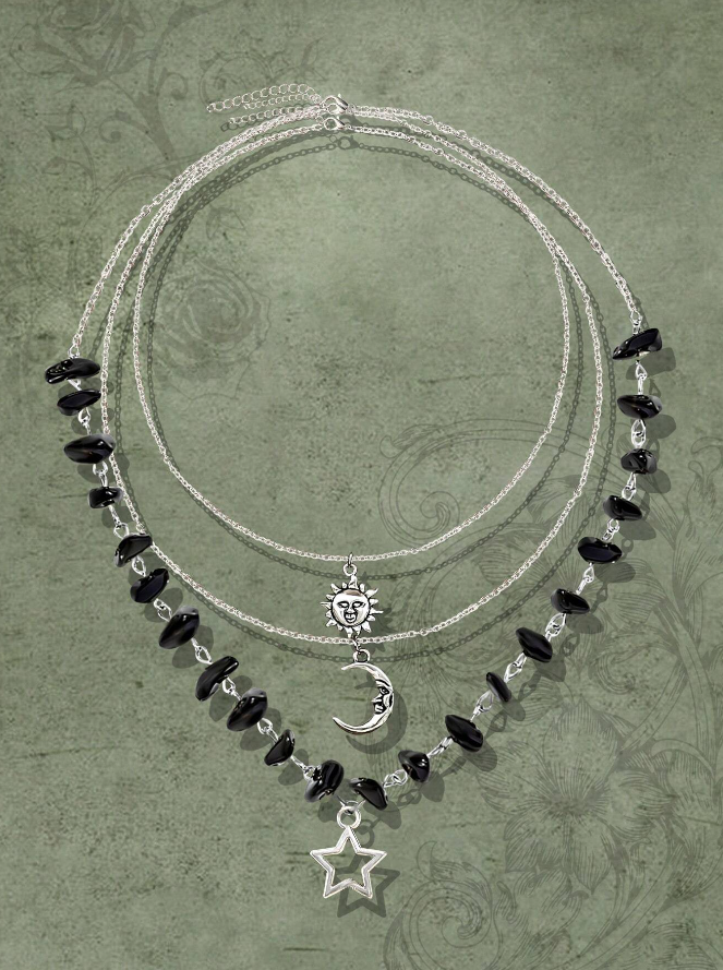 Black & Silver Sun, Moon & Star 3 Piece Necklace