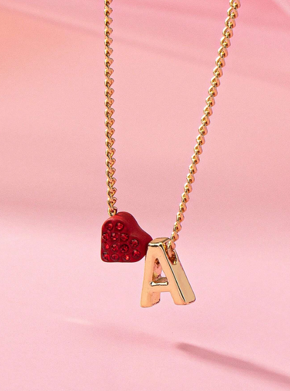 Red Crystal Heart & Initial Gold Necklace