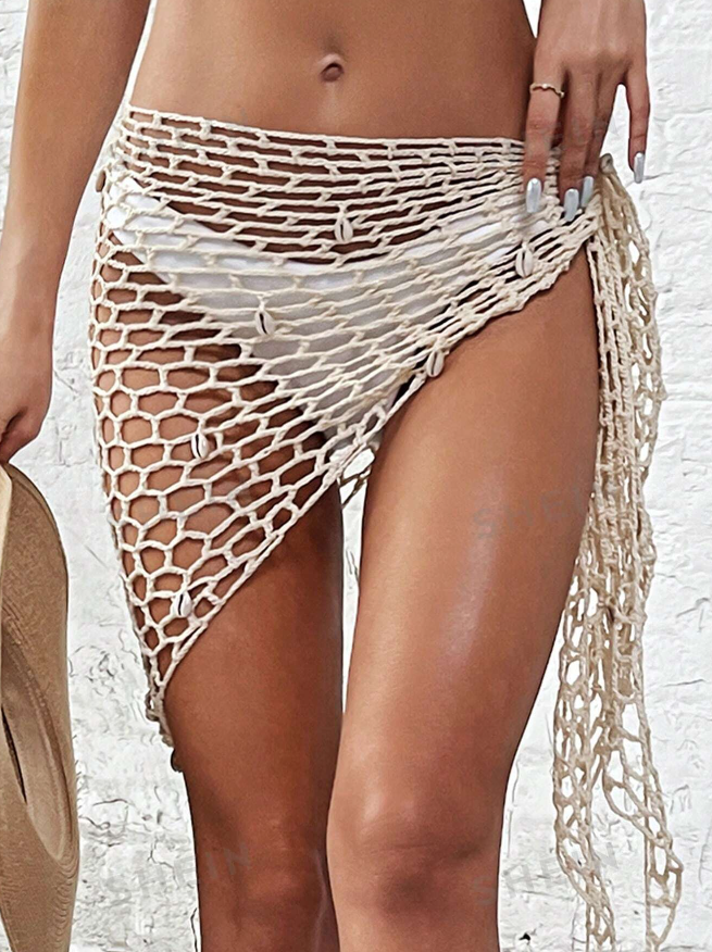 Beige Crochet Shell Mini Sarong