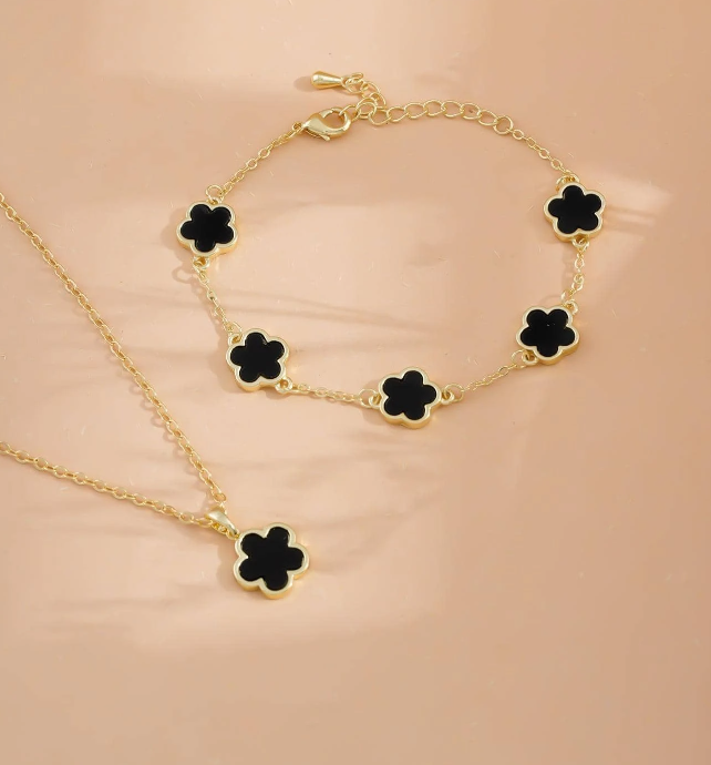 Gold & Black Flower Bracelet & Necklace Set