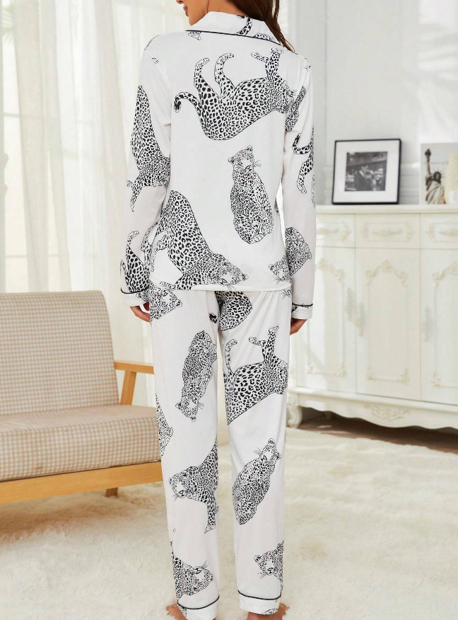 Black & White Leopard Design Long Sleeved Pyjama Set