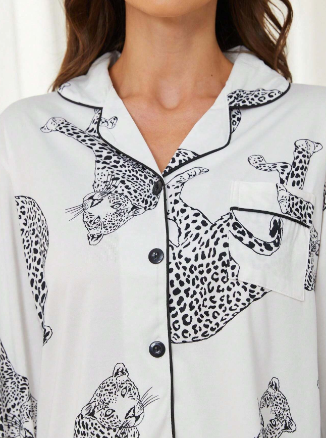 Black & White Leopard Design Long Sleeved Pyjama Set