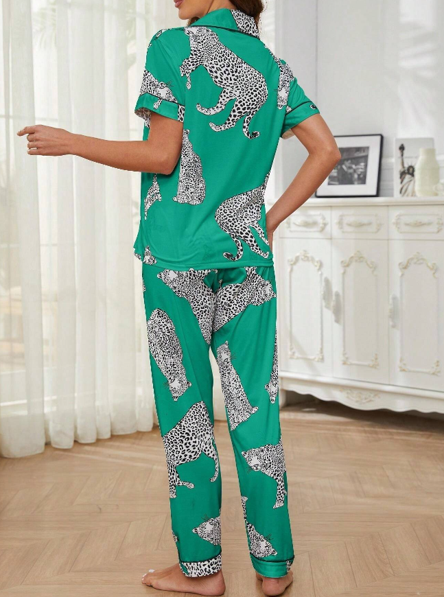 Green Leopard Design Short Sleeved Pyjama Set