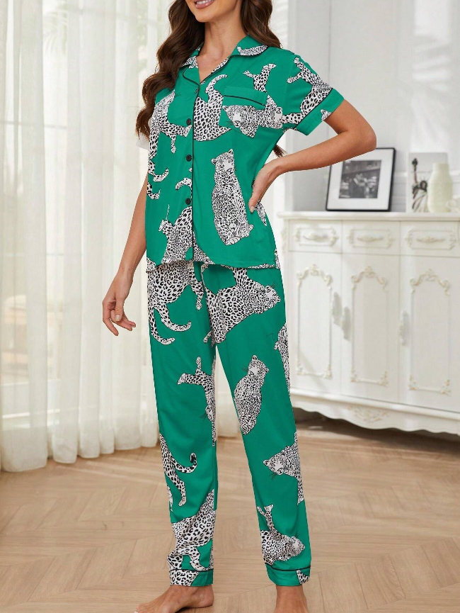 Green Leopard Design Short Sleeved Pyjama Set
