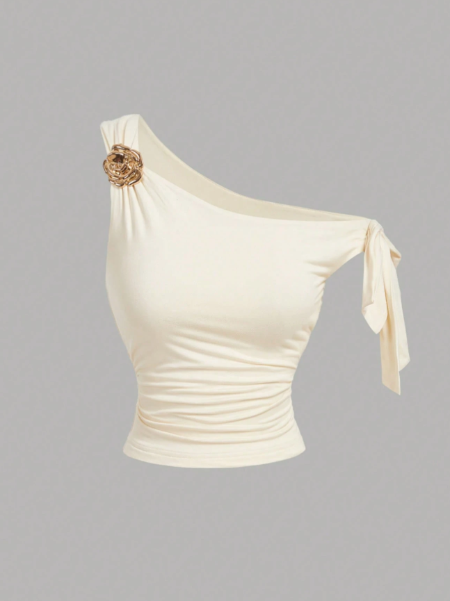Cream Off Shoulder Top With 3D Flower