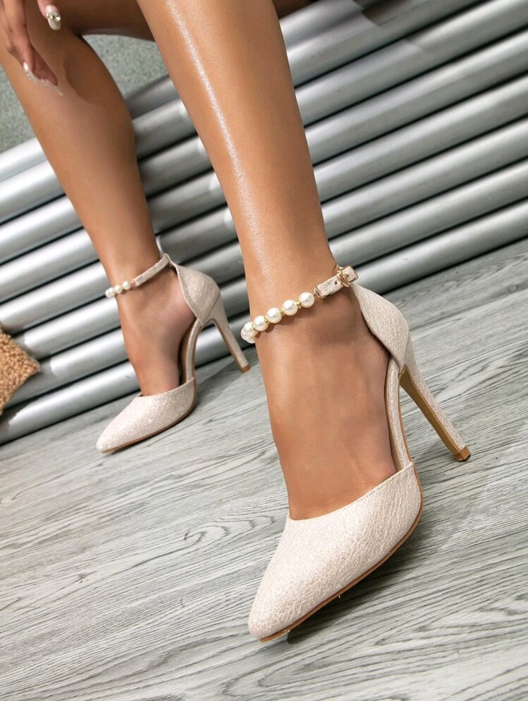Champagne 'Let Love Sparkle' Glitter Pearl Bridal Heels