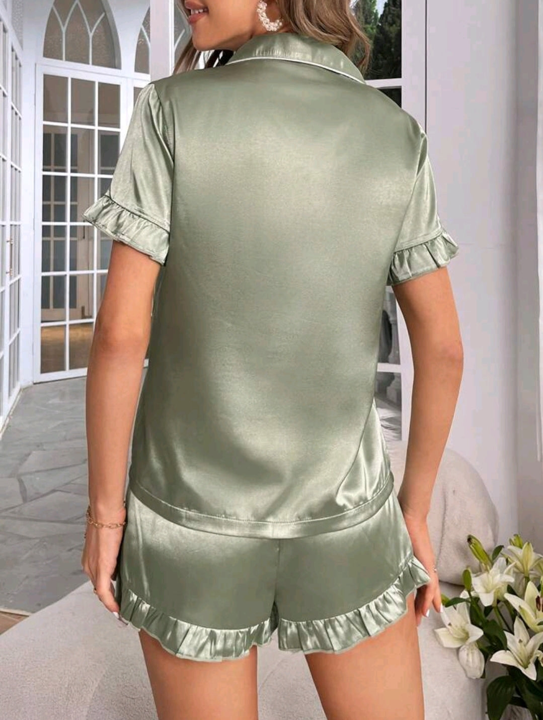 Green Personalised Satin Frill Short Pyjamas