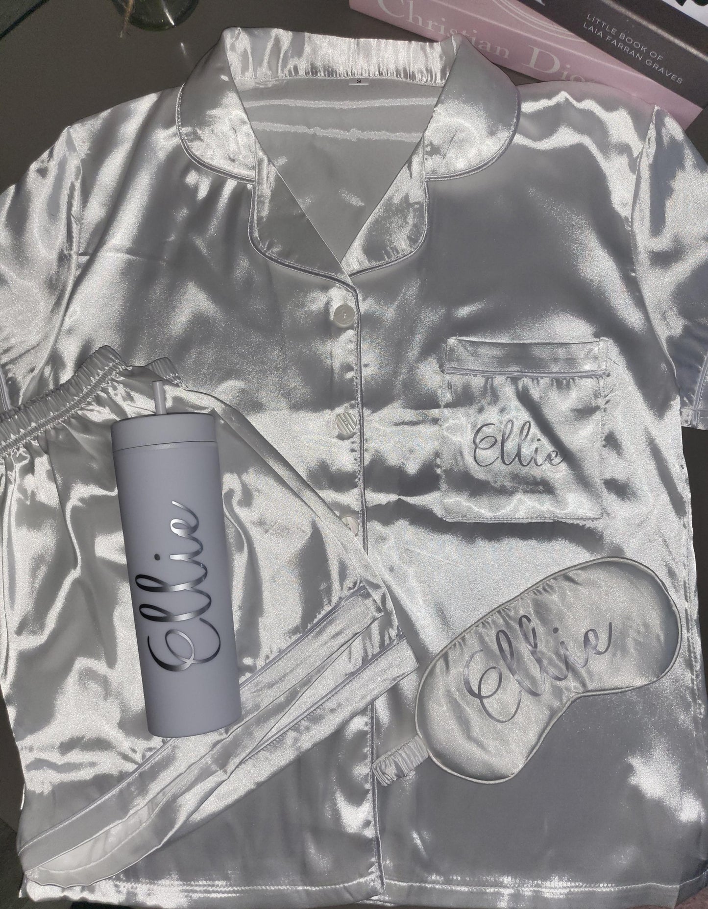 White Personalised Satin Short Pyjama Set Gift Box
