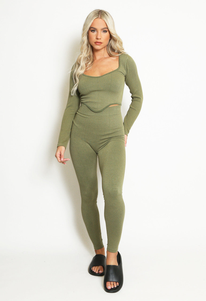 Dip Front Long Sleeved Ribbed Gym Set