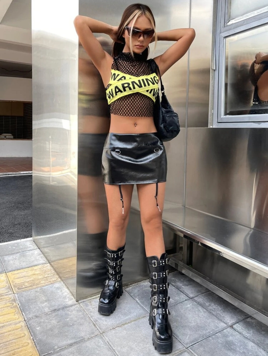 Black Warning Mesh Crop Top