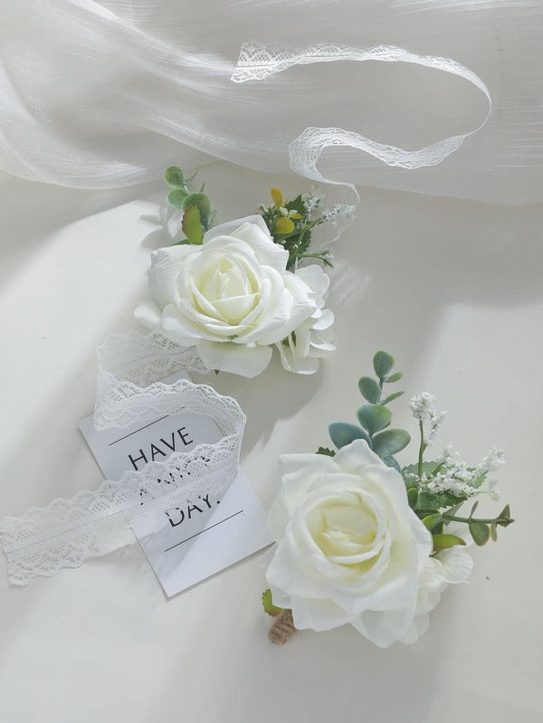White Free-Form Silk Flower Wedding Bouquet sets (set of 2) - Wrist Corsage/Boutonniere