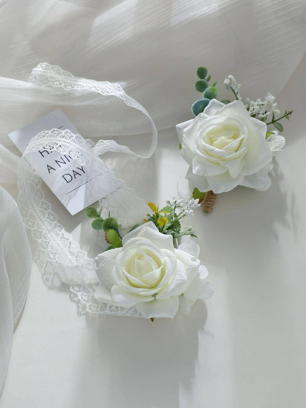 White Free-Form Silk Flower Wedding Bouquet sets (set of 2) - Wrist Corsage/Boutonniere