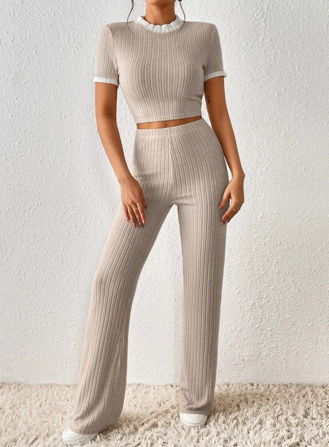 Beige Ribbed Short Sleeve Loungewear Co-Ord Set
