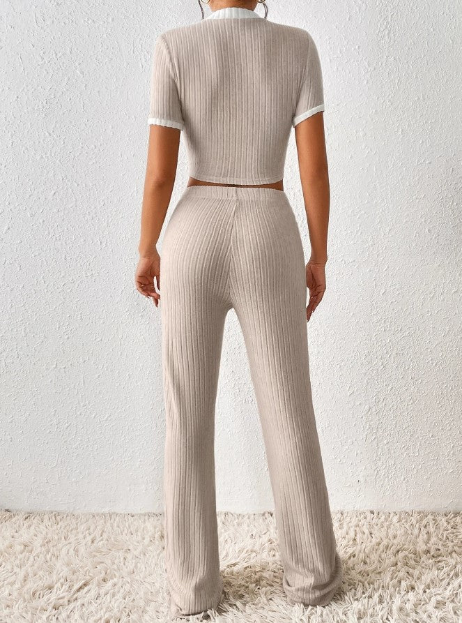 Beige Ribbed Short Sleeve Loungewear Co-Ord Set