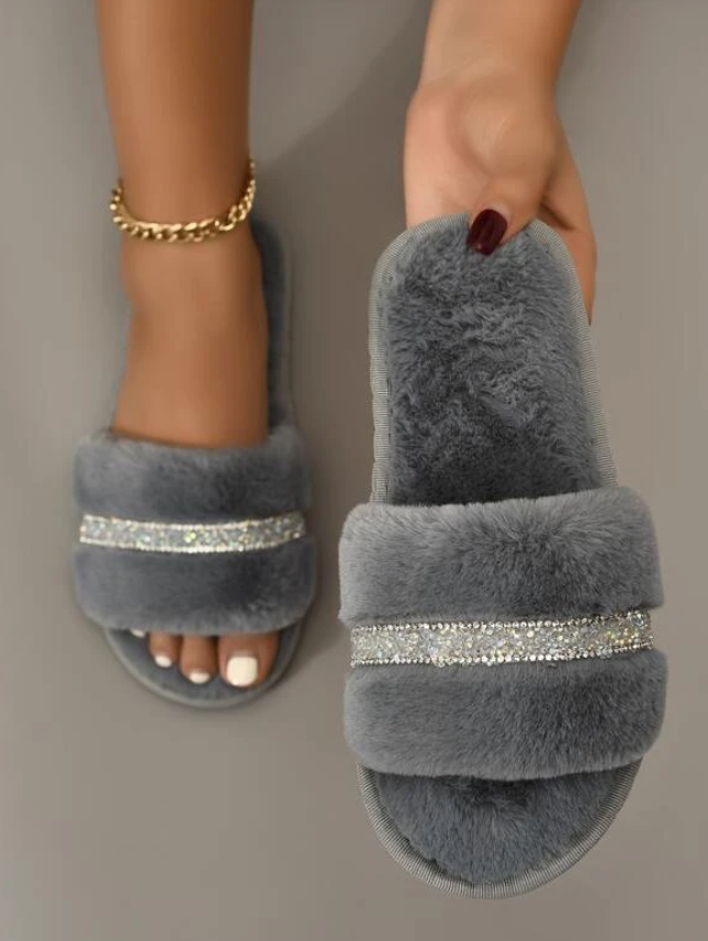 Grey Crystal Row Fluffy Slippers