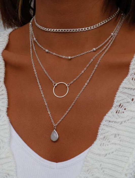 Silver Bohemian White Stone Layered Necklace