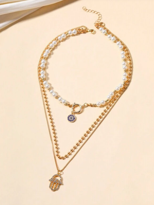 Gold Faux Pearl Hamsa & Evil Eye Necklace