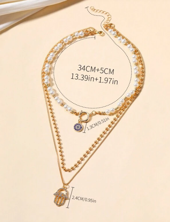 Gold Faux Pearl Hamsa & Evil Eye Necklace