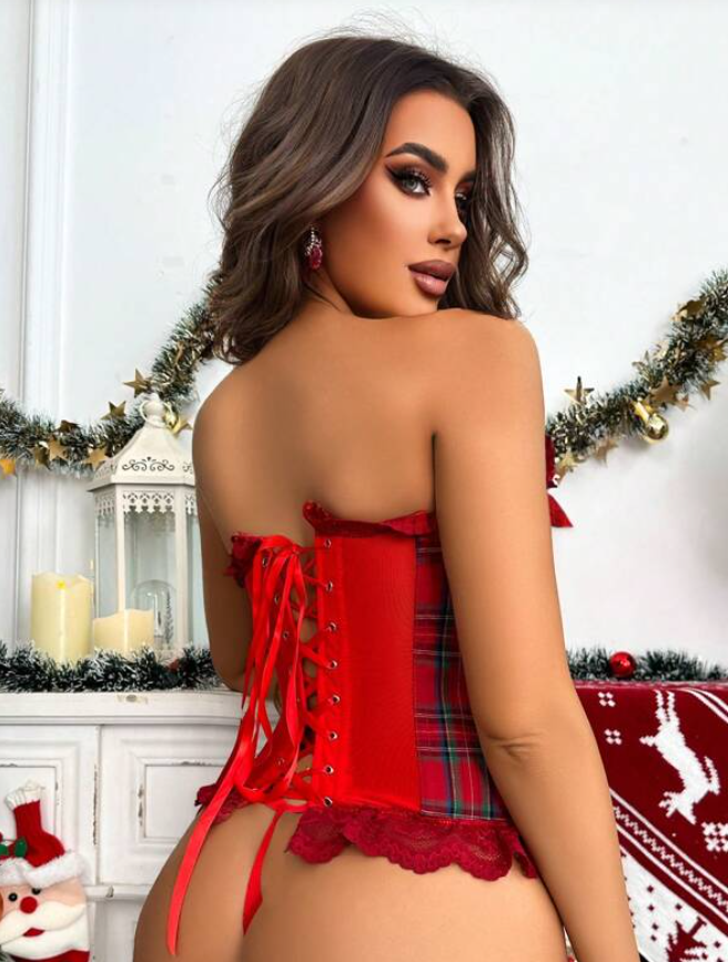 Red Tartan Lace Up Corset Set