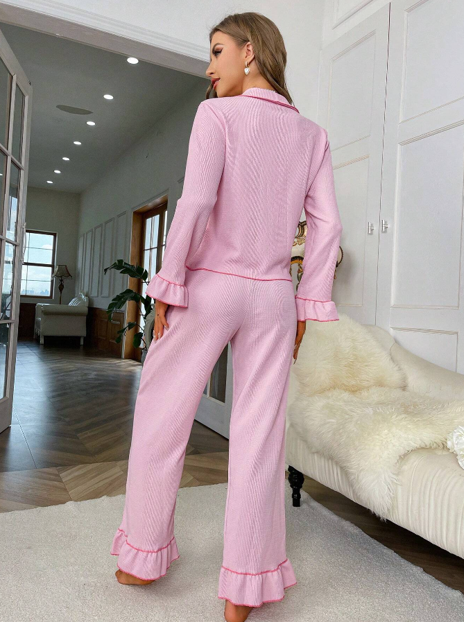 Pink Frill Detail Long Sleeve Pyjama Set