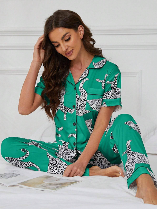 Green Leopard Design Short Sleeved Pyjama Set