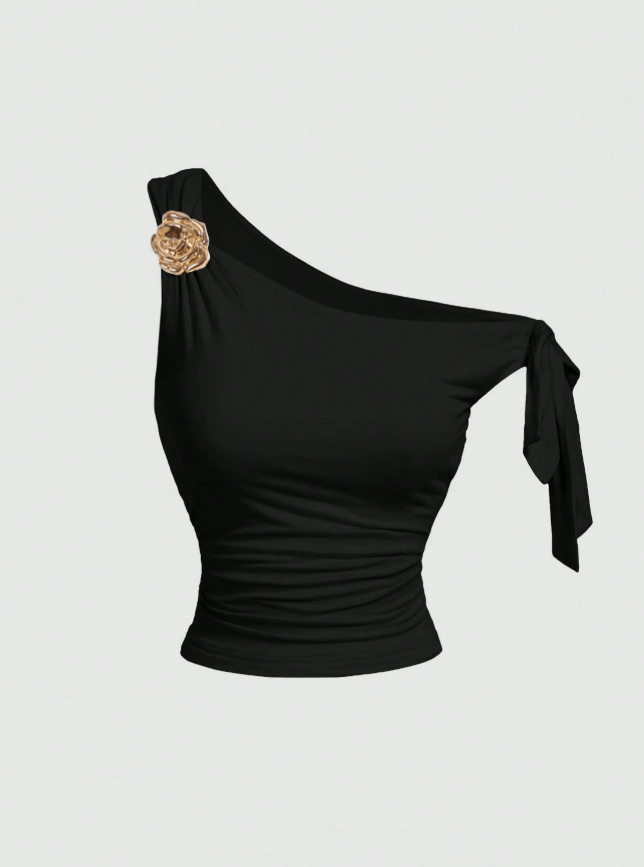 Black Off Shoulder Top With 3D Flower