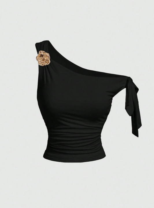 Black Off Shoulder Top With 3D Flower