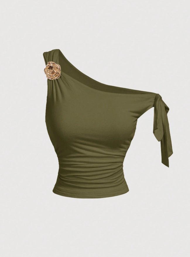 Khaki Off Shoulder Top With 3D Flower