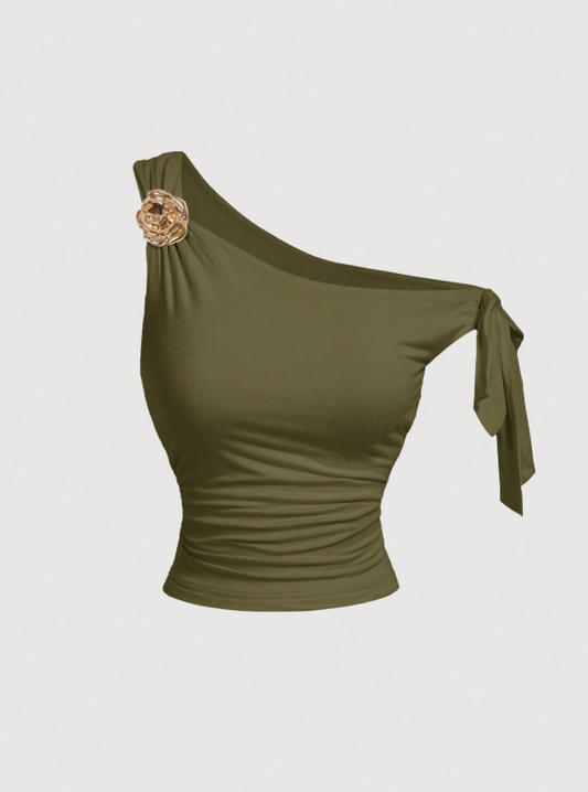 Khaki Off Shoulder Top With 3D Flower