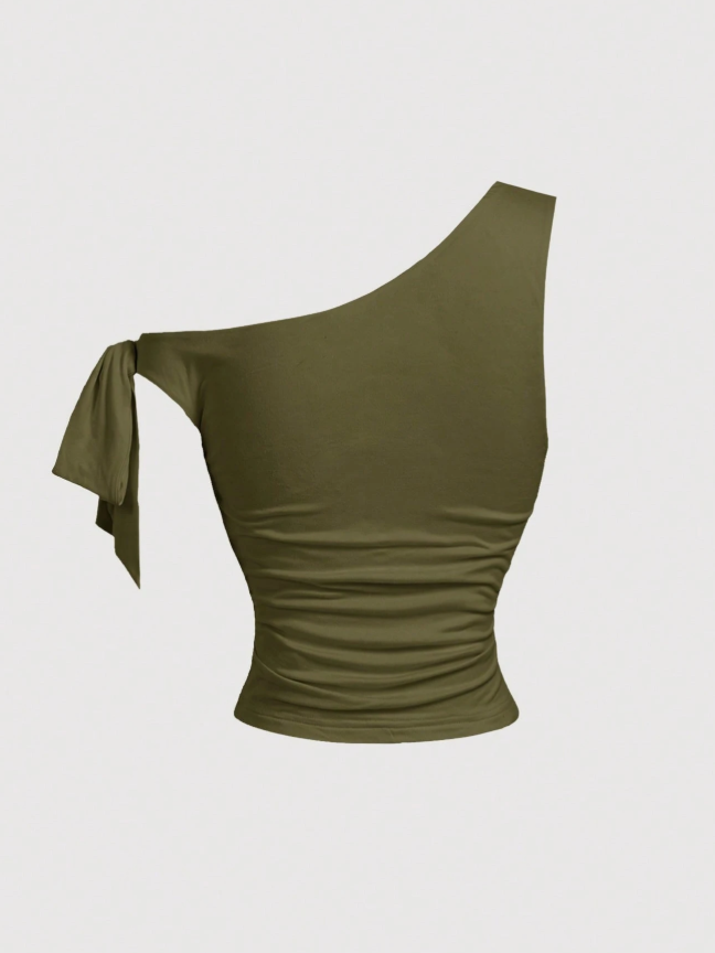 Khaki Off Shoulder Top With 3D Flower