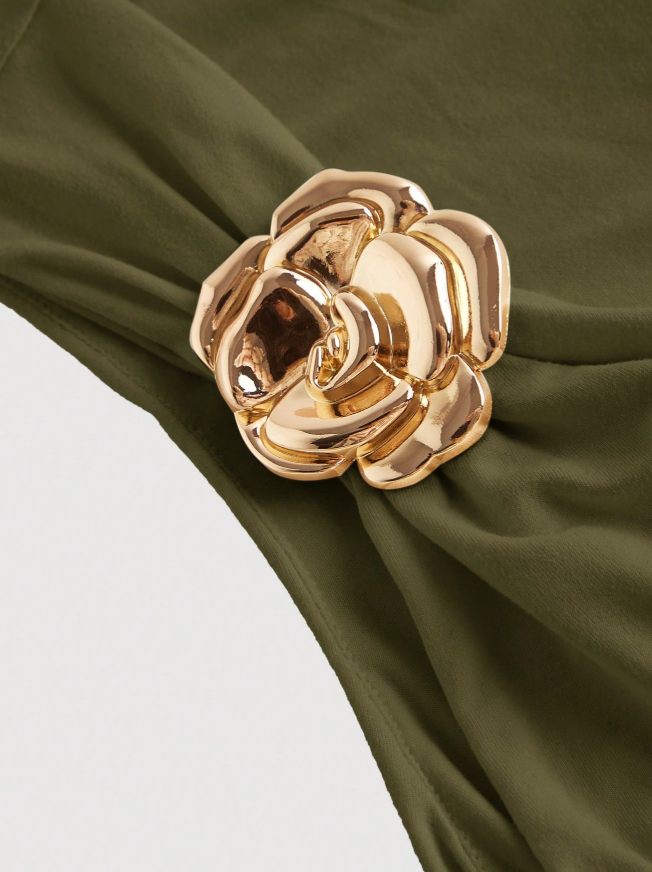 Khaki Off Shoulder Top With 3D Flower