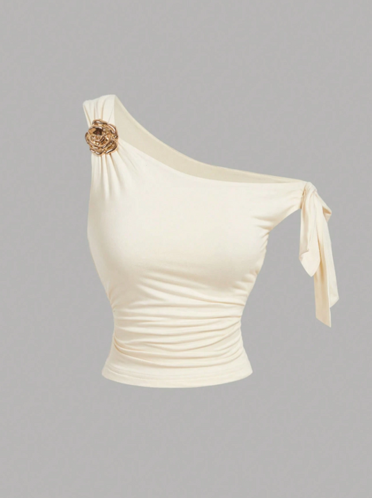 Cream Off Shoulder Top With 3D Flower
