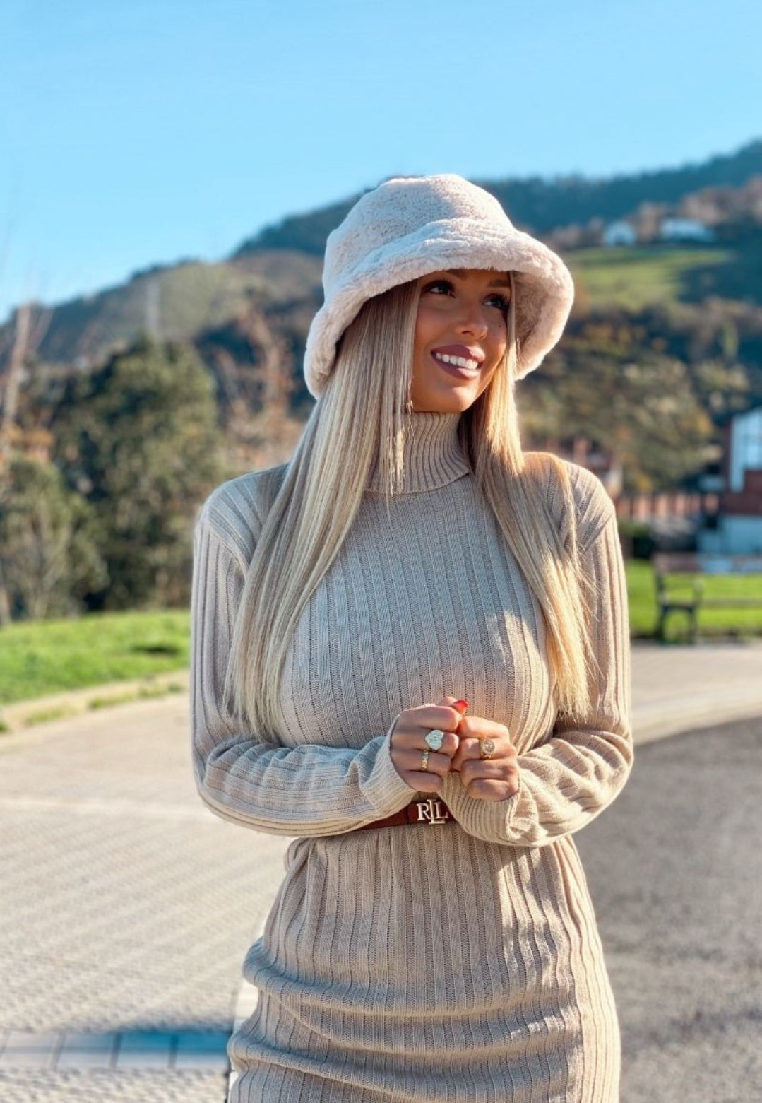 Beige Ribbed Knit Dress