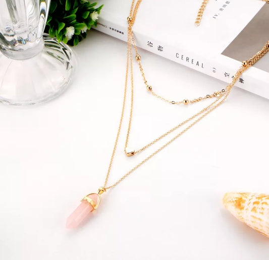 Rose Quarts 3 Tier Heart Necklace