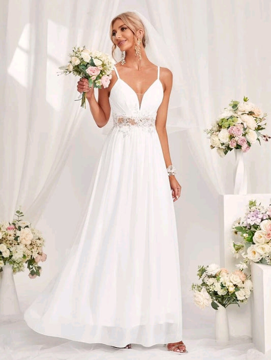 White Sweetheart A Line Chiffon Lace Bridal Wedding Dress